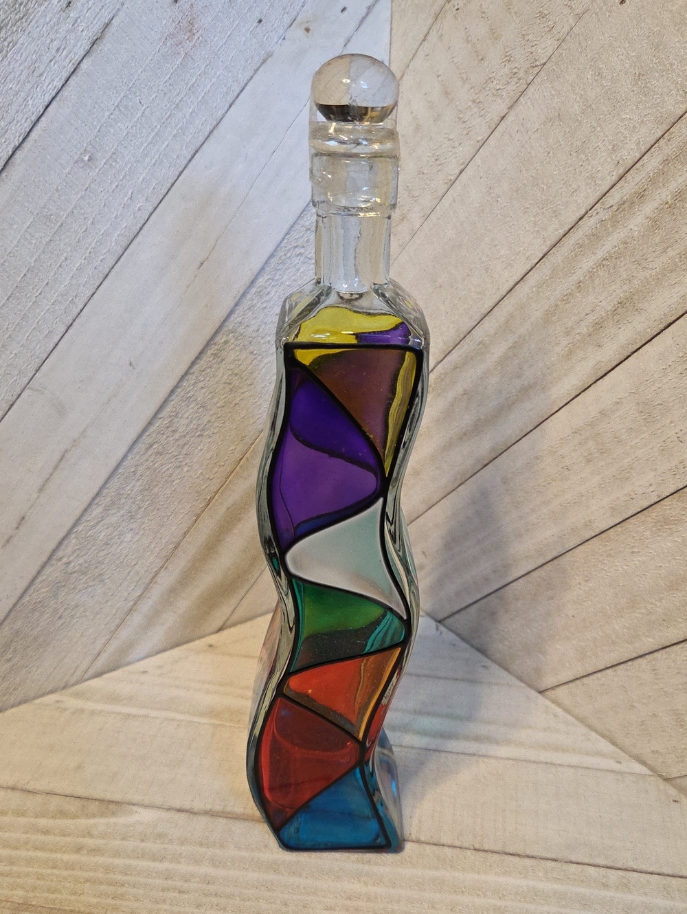 NEW Ganz Multi Coloured Wavy Glass Bottle With Glass Stopper